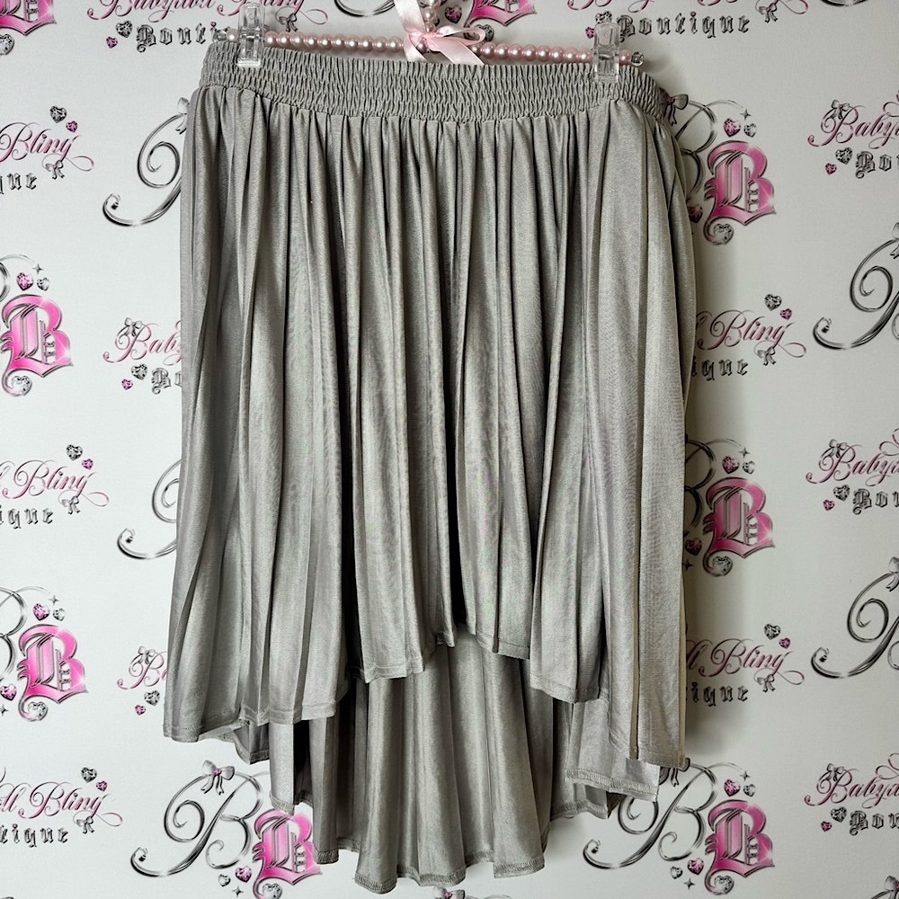 Topshop Metallic Silver High-Low Skirt shiny shimmer flowy grey stretchy luxe